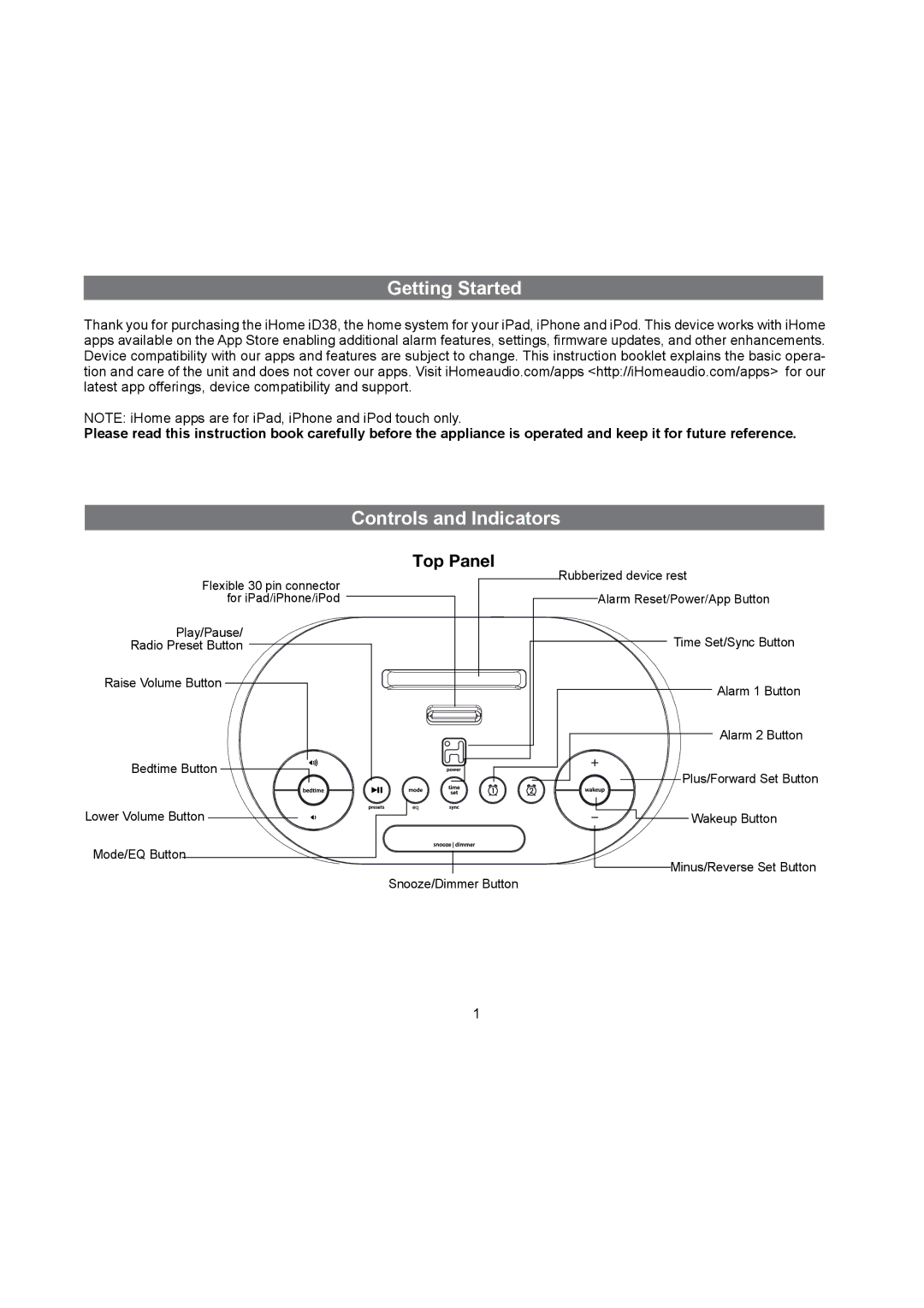 iHome ihome warranty Getting Started, Controls and Indicators, Top Panel 