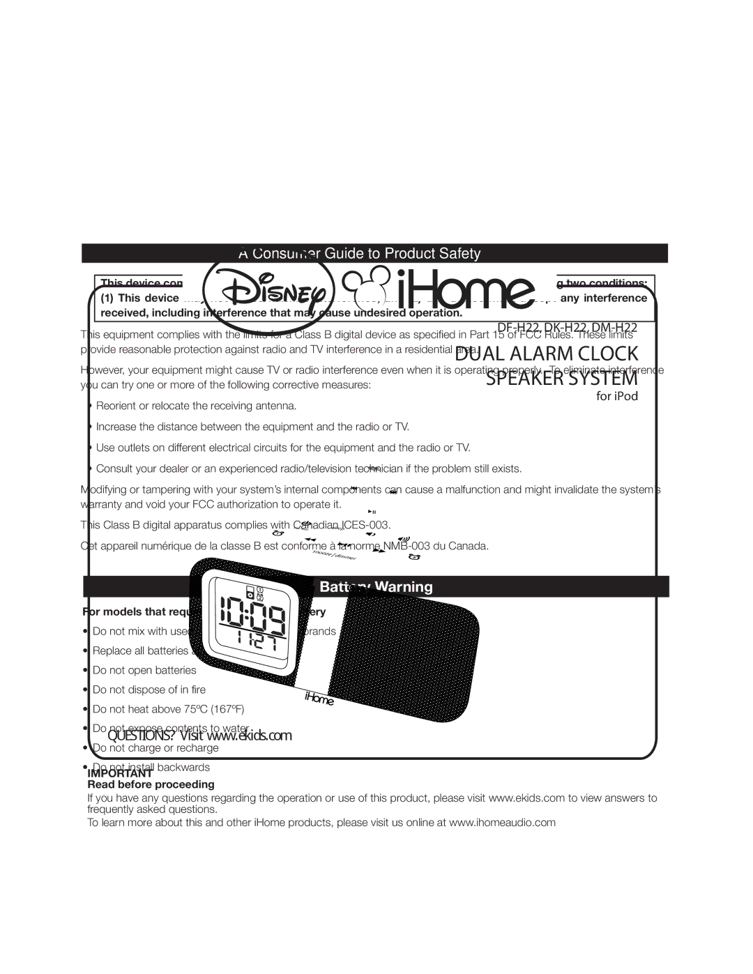 iHome ihome manual Consumer Guide to Product Safety, Battery Warning, For models that require more than one battery 