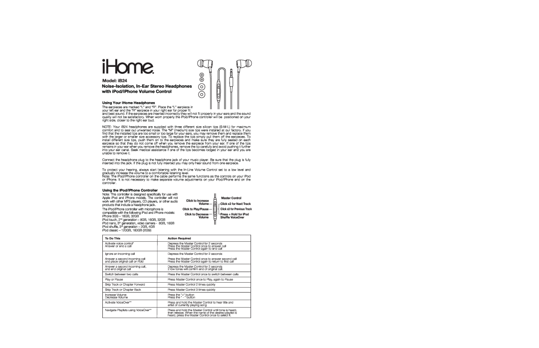 iHome ihome warranty Model iB24, Using Your iHome Headphones, Using the iPod/iPhone Controller 