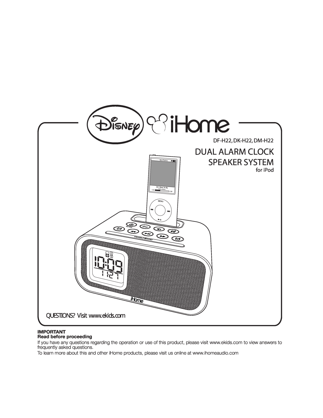 iHome ihome manual Dual Alarm Clock Speaker System, DF-H22, DK-H22, DM-H22, for iPod 