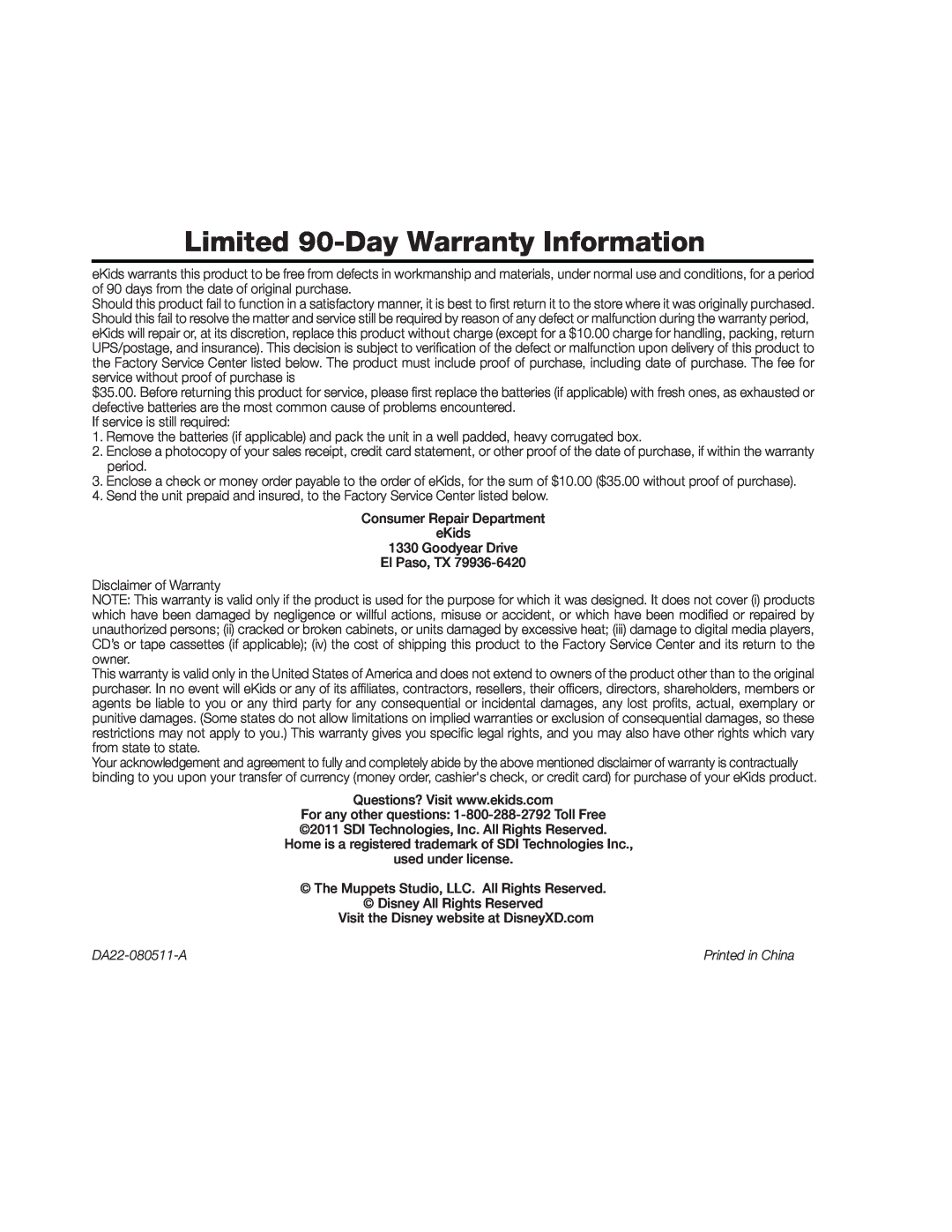 iHome ihome manual Limited 90-DayWarranty Information, DA22-080511-A 
