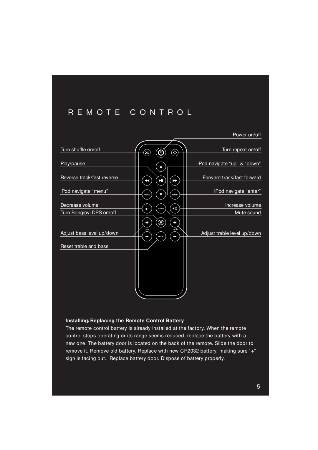 iHome iP1 manual M O T E C O N T R O L, Installing/Replacing the Remote Control Battery 