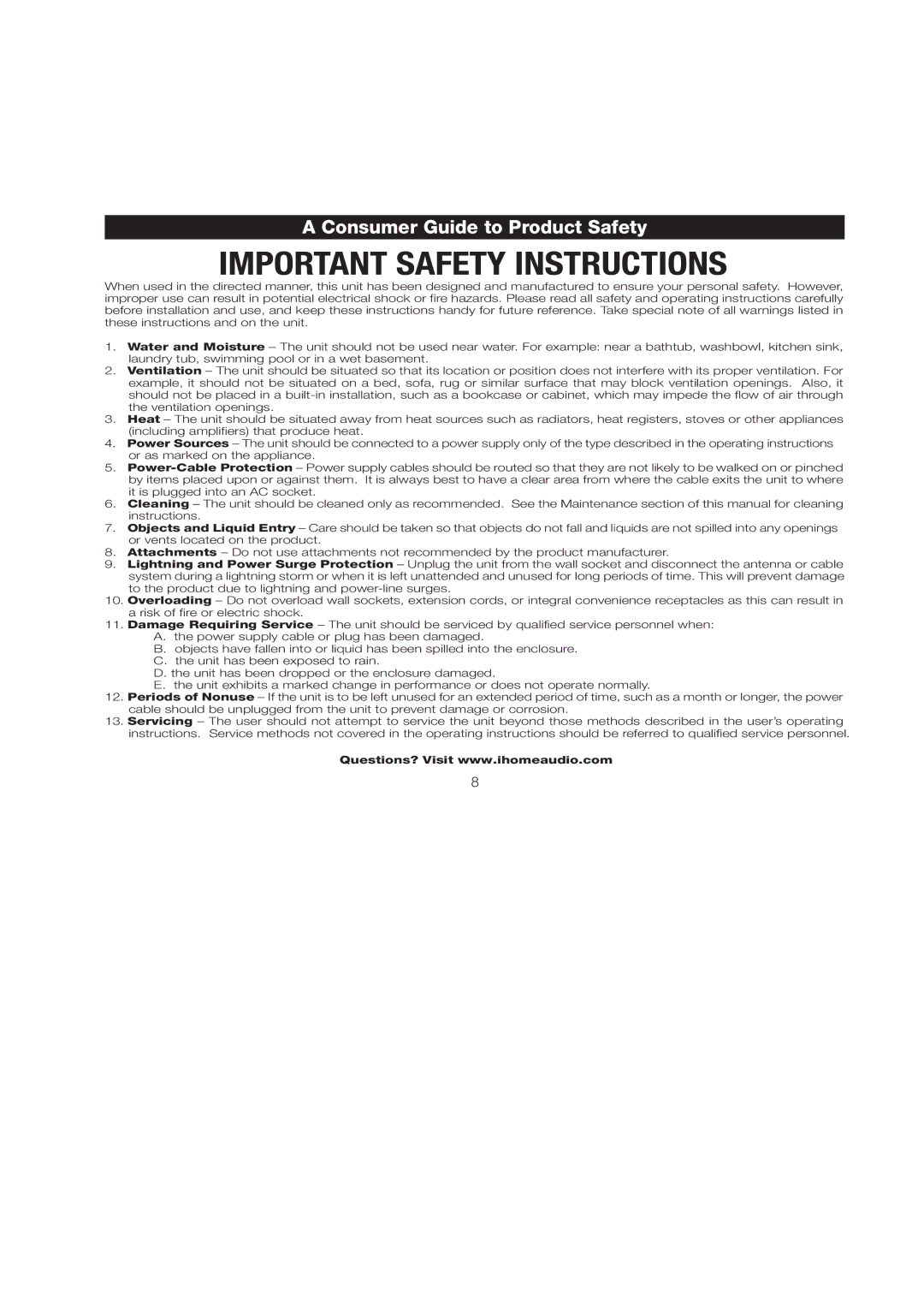 iHome iP11 manual Consumer Guide to Product Safety 