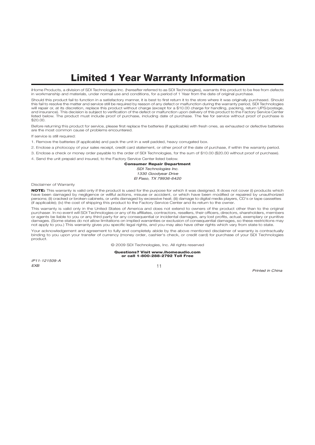 iHome iP11 manual Limited 1 Year Warranty Information 