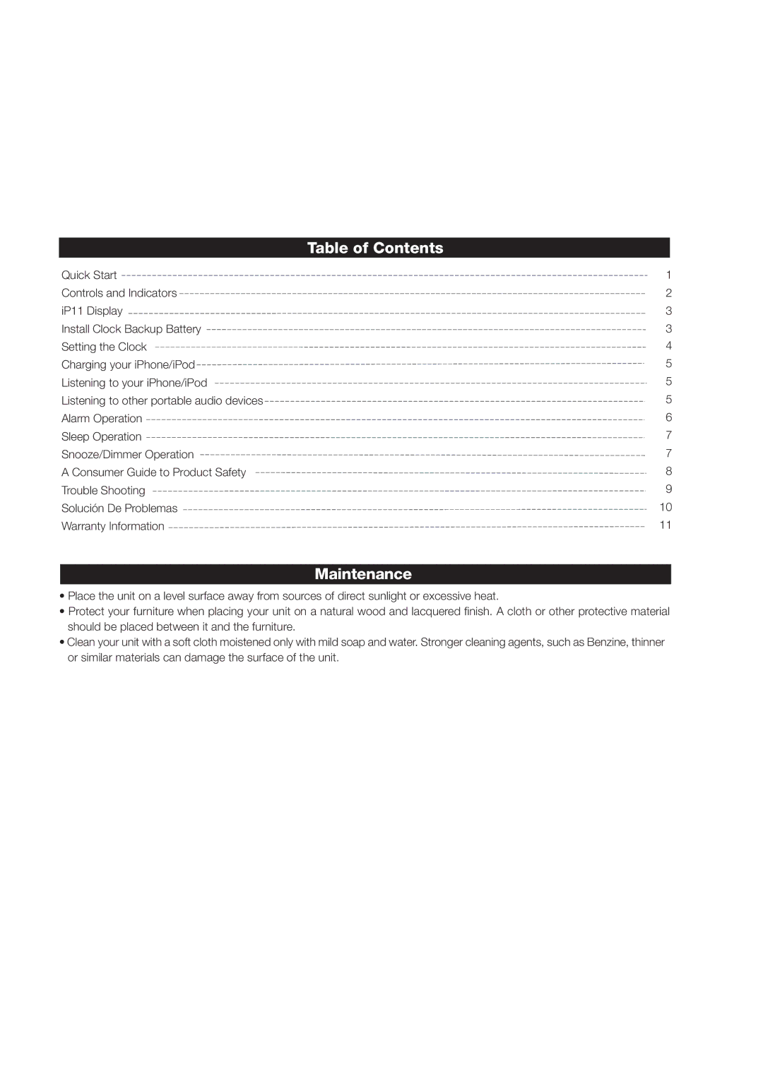 iHome iP11 manual Table of Contents, Maintenance 