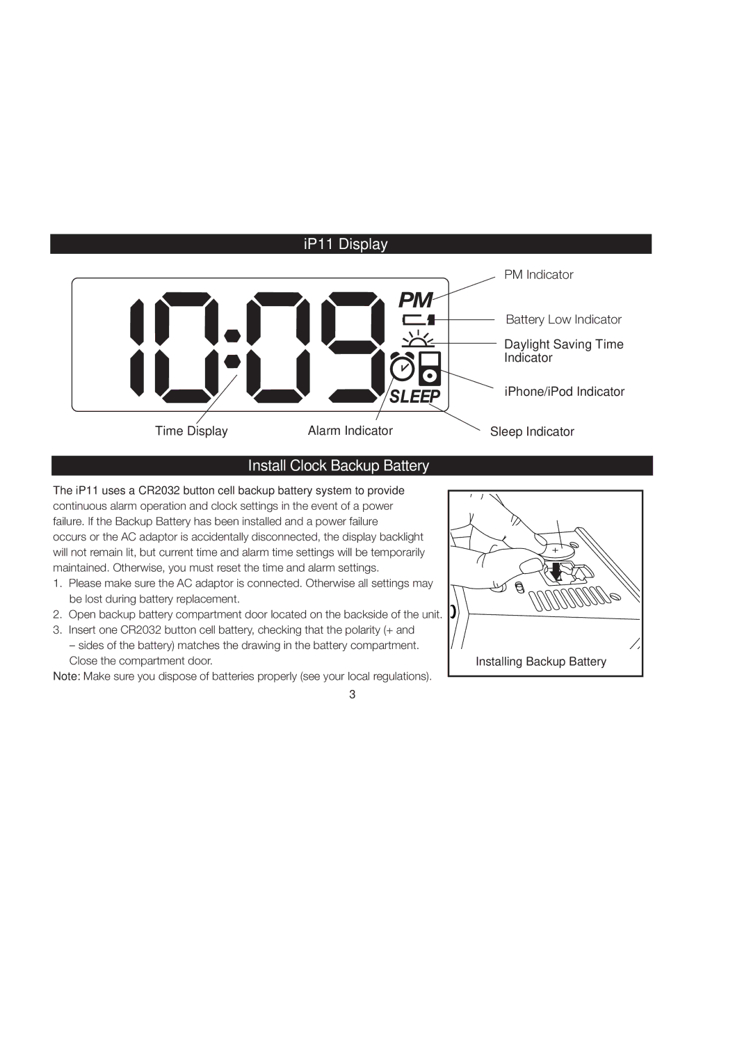 iHome iP11 manual IP11 Display, Install Clock Backup Battery 