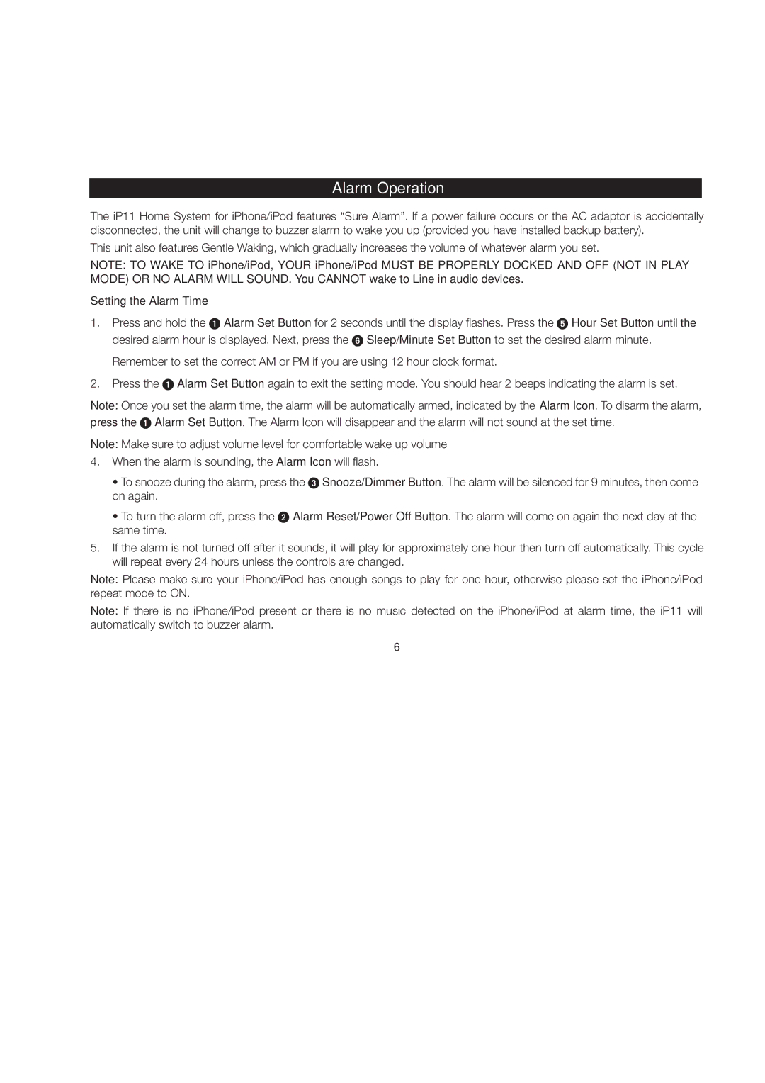 iHome iP11 manual Alarm Operation, Setting the Alarm Time 