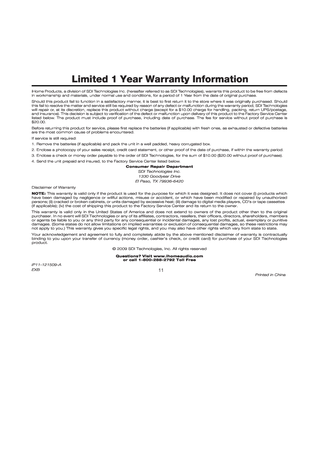 iHome iP11 manual Limited 1 Year Warranty Information, Consumer Repair Department, or call 1-800-288-2792 Toll Free 