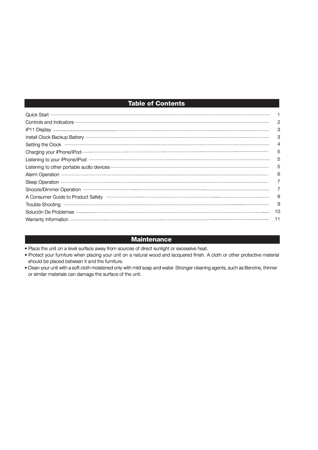 iHome iP11 manual Table of Contents, Maintenance 