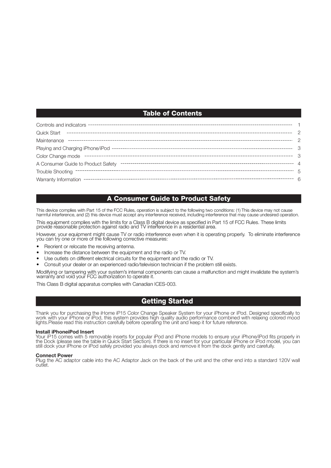 iHome ip15 instruction manual Table of Contents, Consumer Guide to Product Safety 