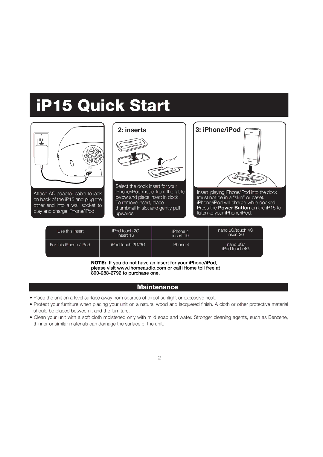 iHome ip15 instruction manual IP15 Quick Start, Maintenance 