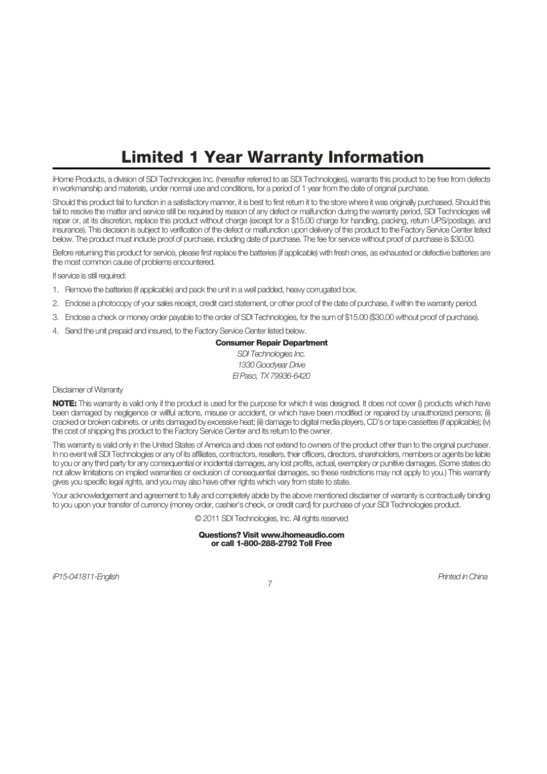 iHome ip15 instruction manual Consumer Repair Department, Or call 1-800-288-2792 Toll Free 