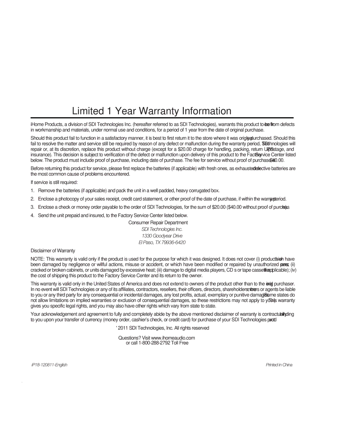 iHome IP18 instruction manual Limited 1 Year Warranty Information 