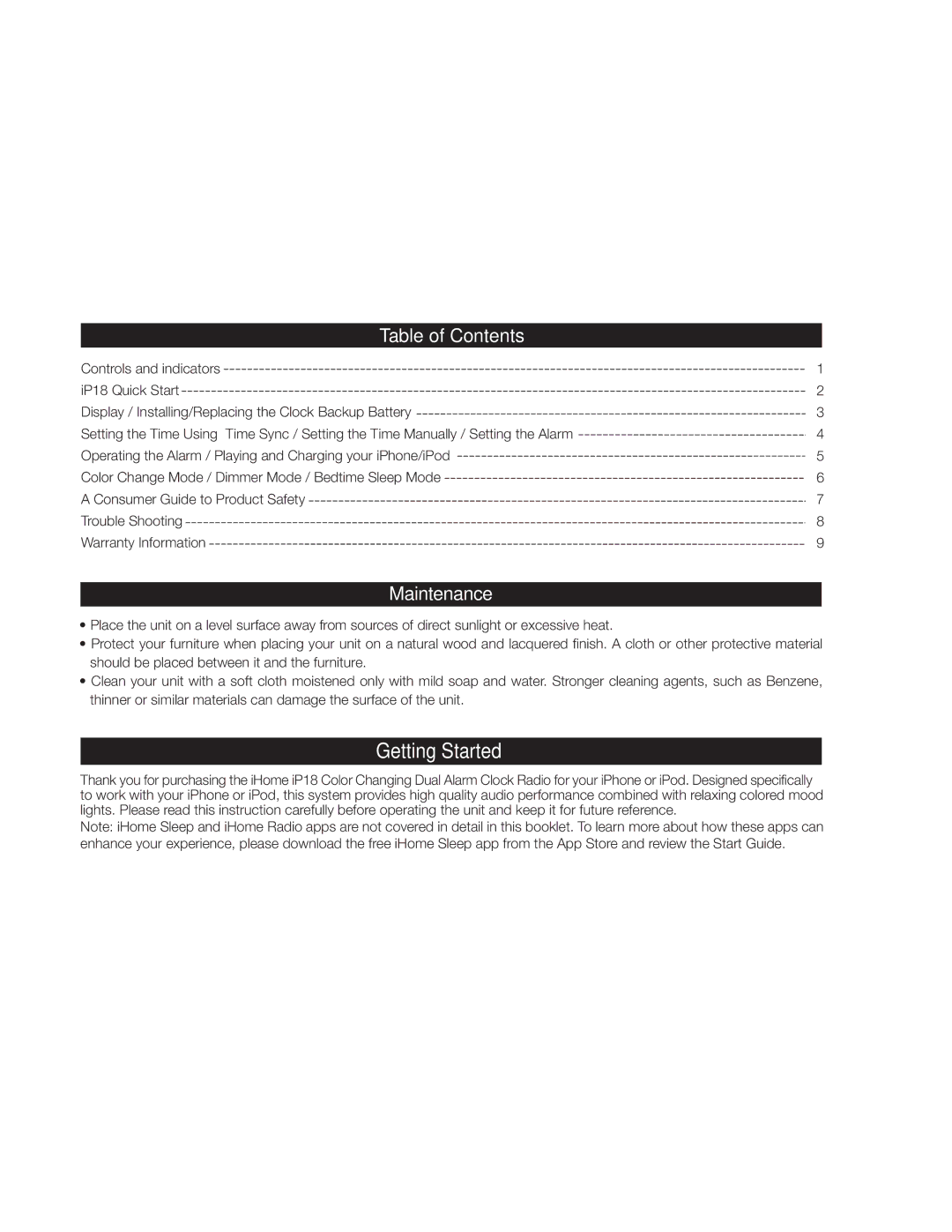 iHome IP18 instruction manual Table of Contents, Maintenance 