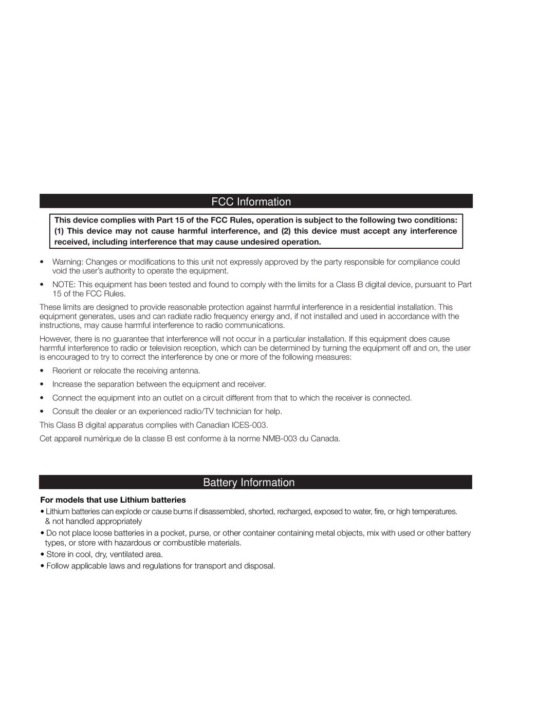 iHome IP18 instruction manual FCC Information, Battery Information 