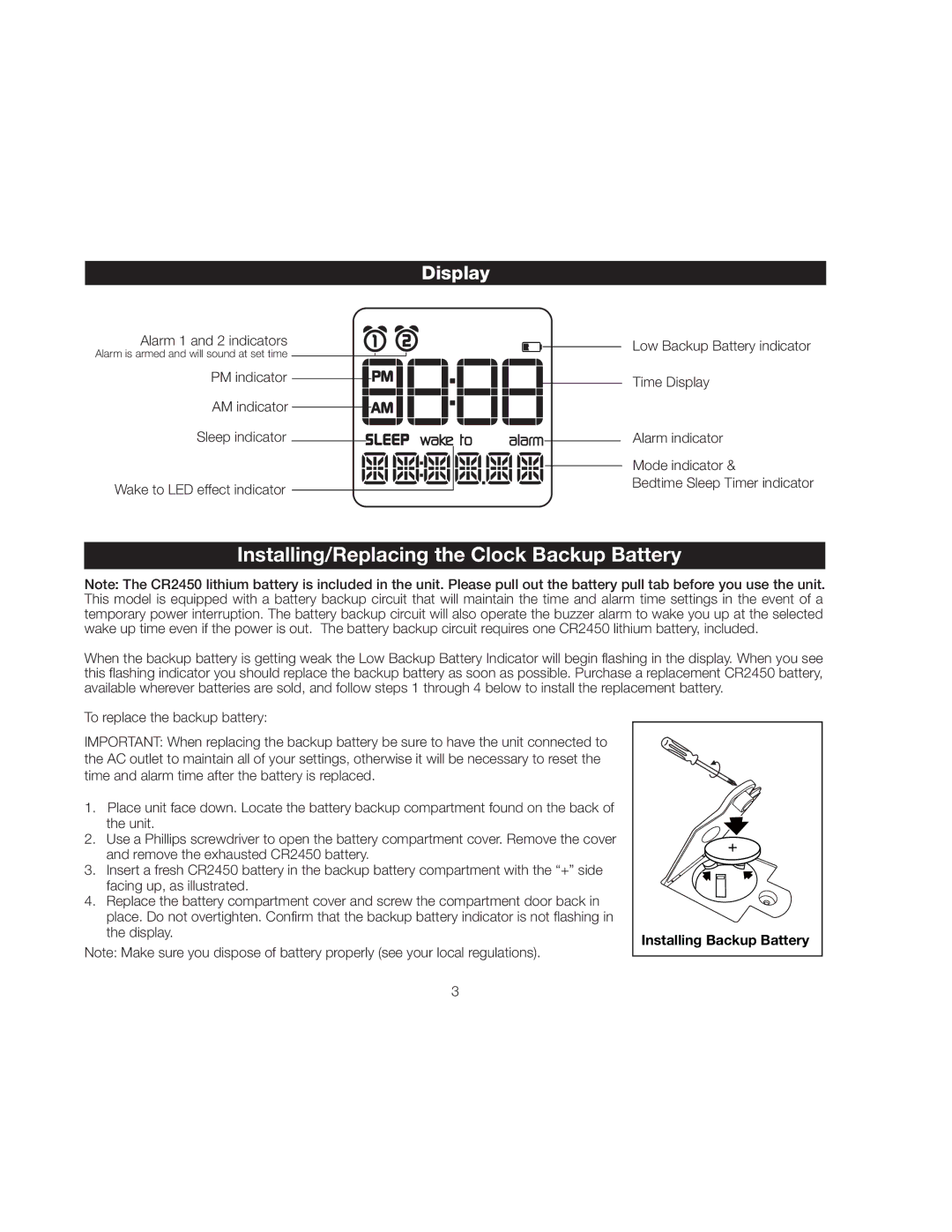 iHome IP18 instruction manual Installing/Replacing the Clock Backup Battery, Display 