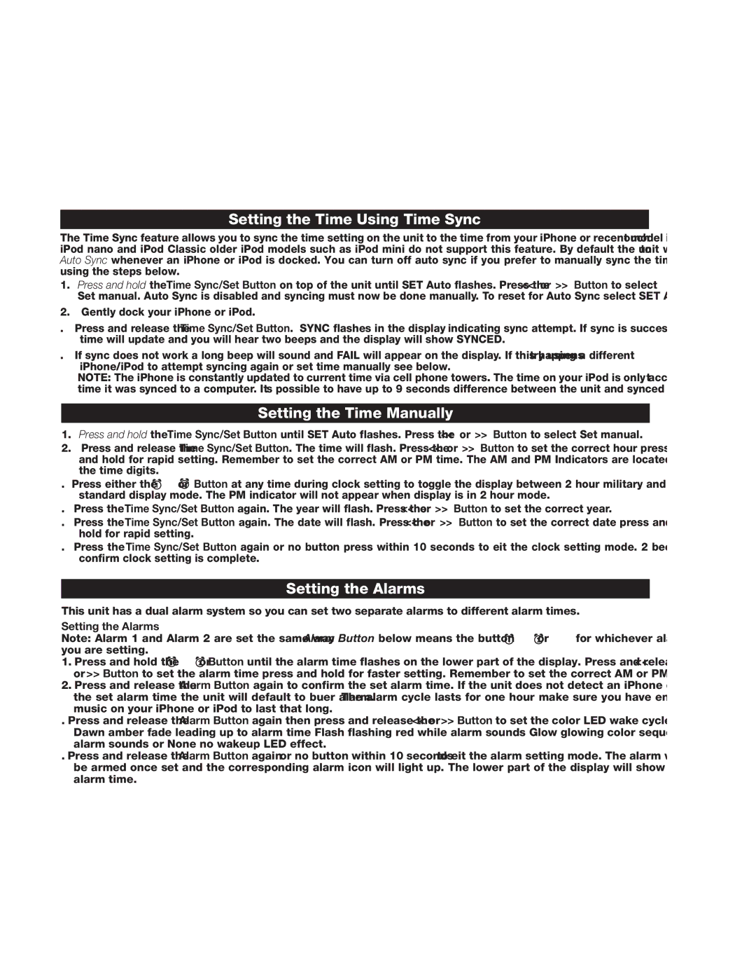 iHome IP18 instruction manual Setting the Time Using Time Sync, Setting the Time Manually, Setting the Alarms 