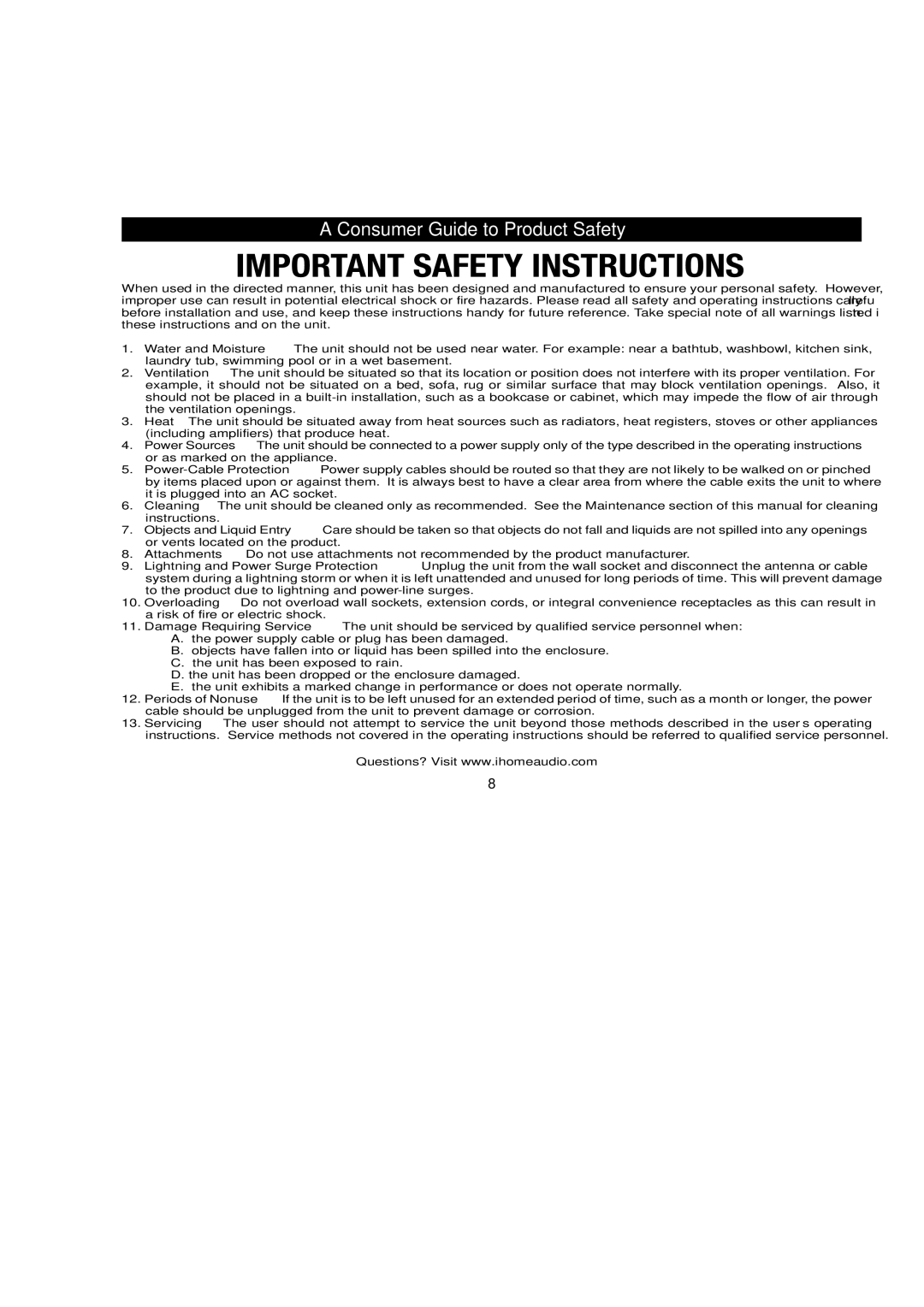 iHome IP21 manual Consumer Guide to Product Safety 