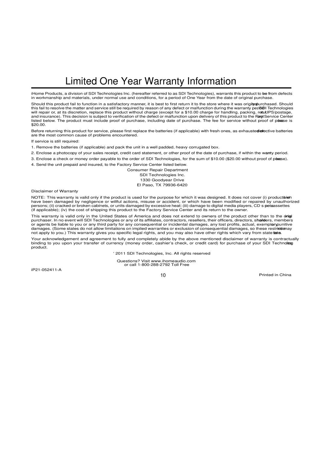 iHome IP21 manual Limited One Year Warranty Information 