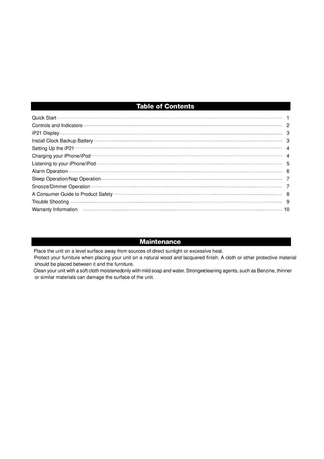 iHome IP21 manual Table of Contents, Maintenance 