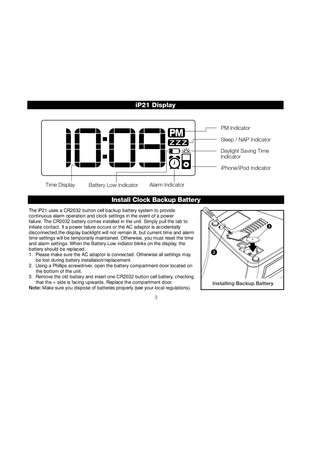 iHome manual IP21 Display, Install Clock Backup Battery 