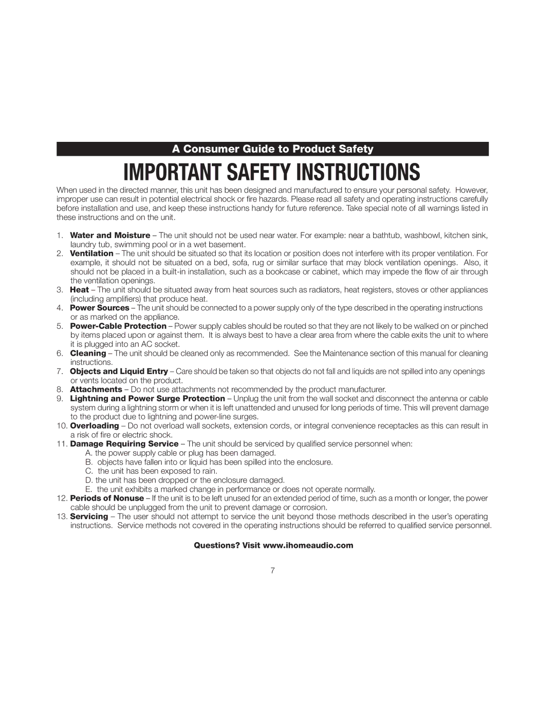 iHome IP23 manual Consumer Guide to Product Safety 