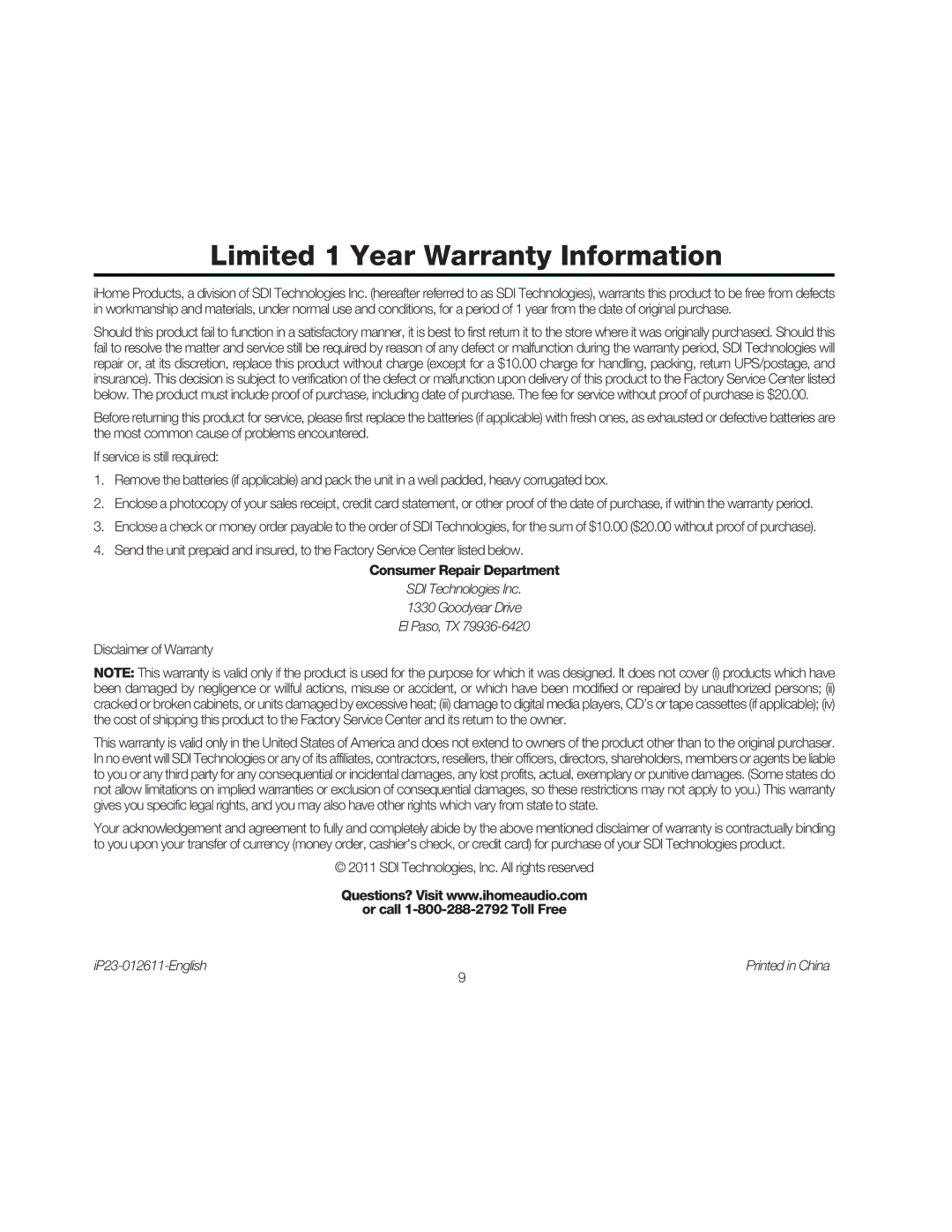 iHome IP23 manual Consumer Repair Department, Or call 1-800-288-2792 Toll Free 