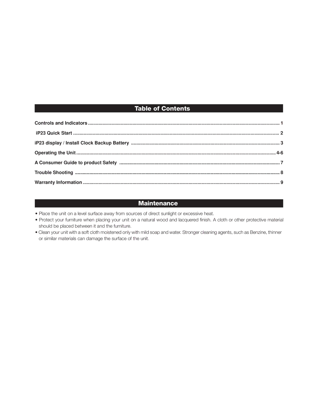 iHome IP23 manual Table of Contents, Maintenance 