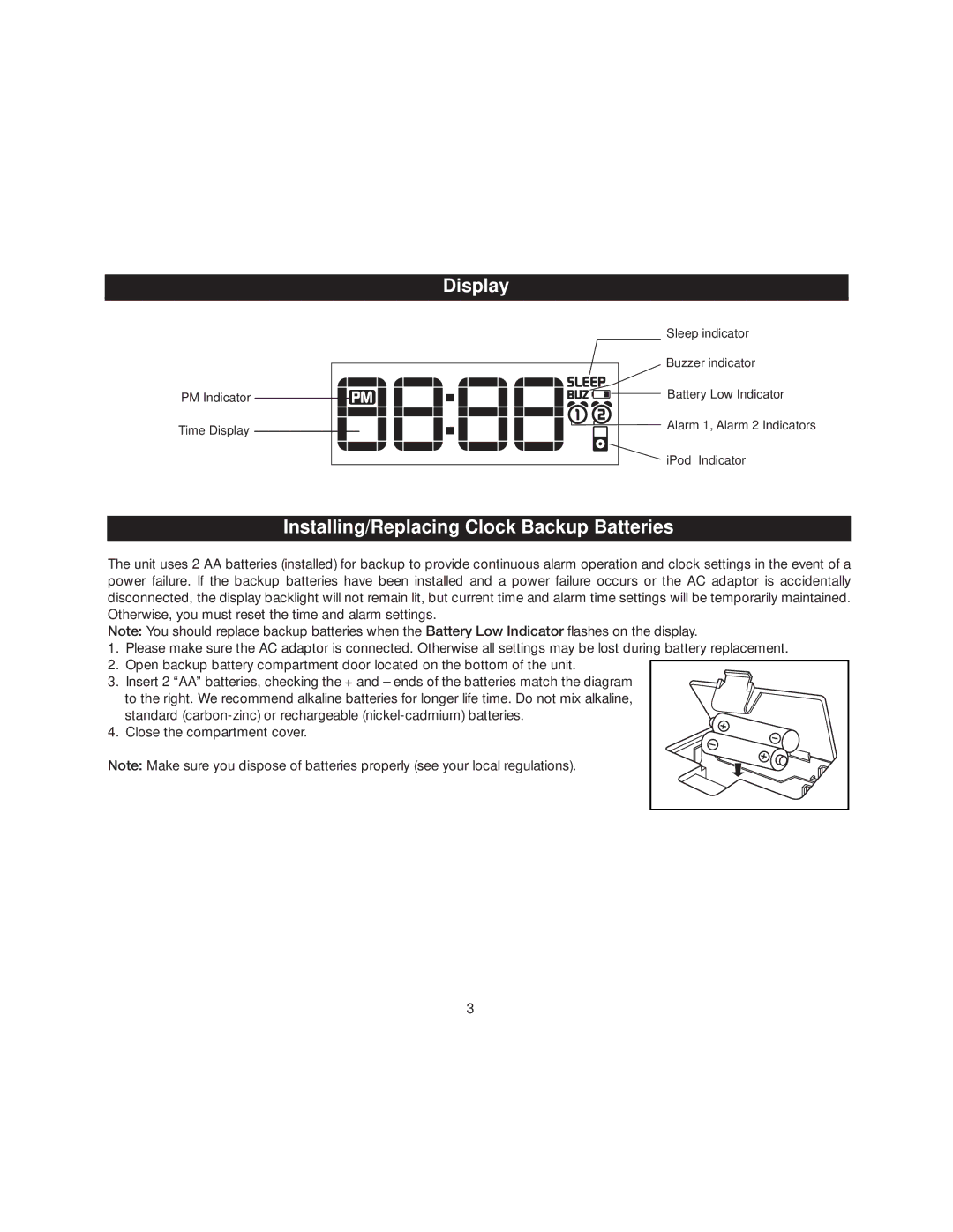 iHome IP23 manual Display, Installing/Replacing Clock Backup Batteries 