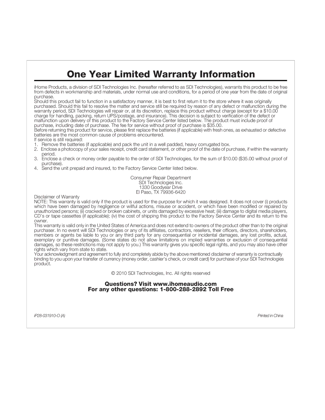 iHome IP28 manual One Year Limited Warranty Information 