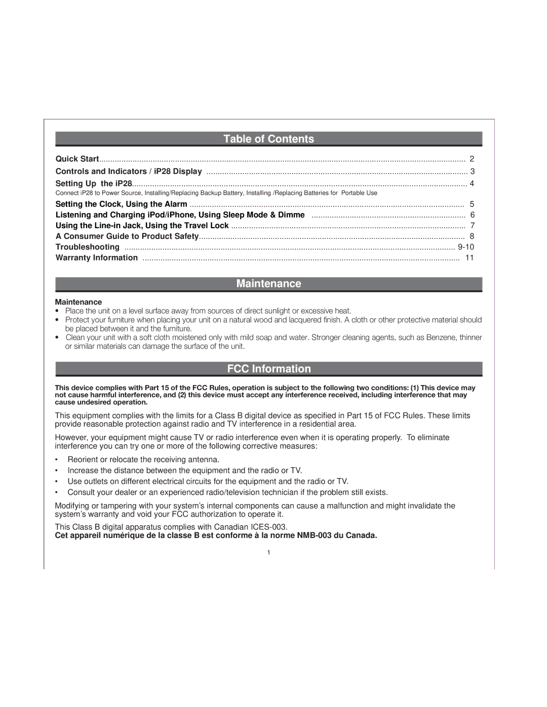 iHome IP28 manual Table of Contents, Maintenance, FCC Information 