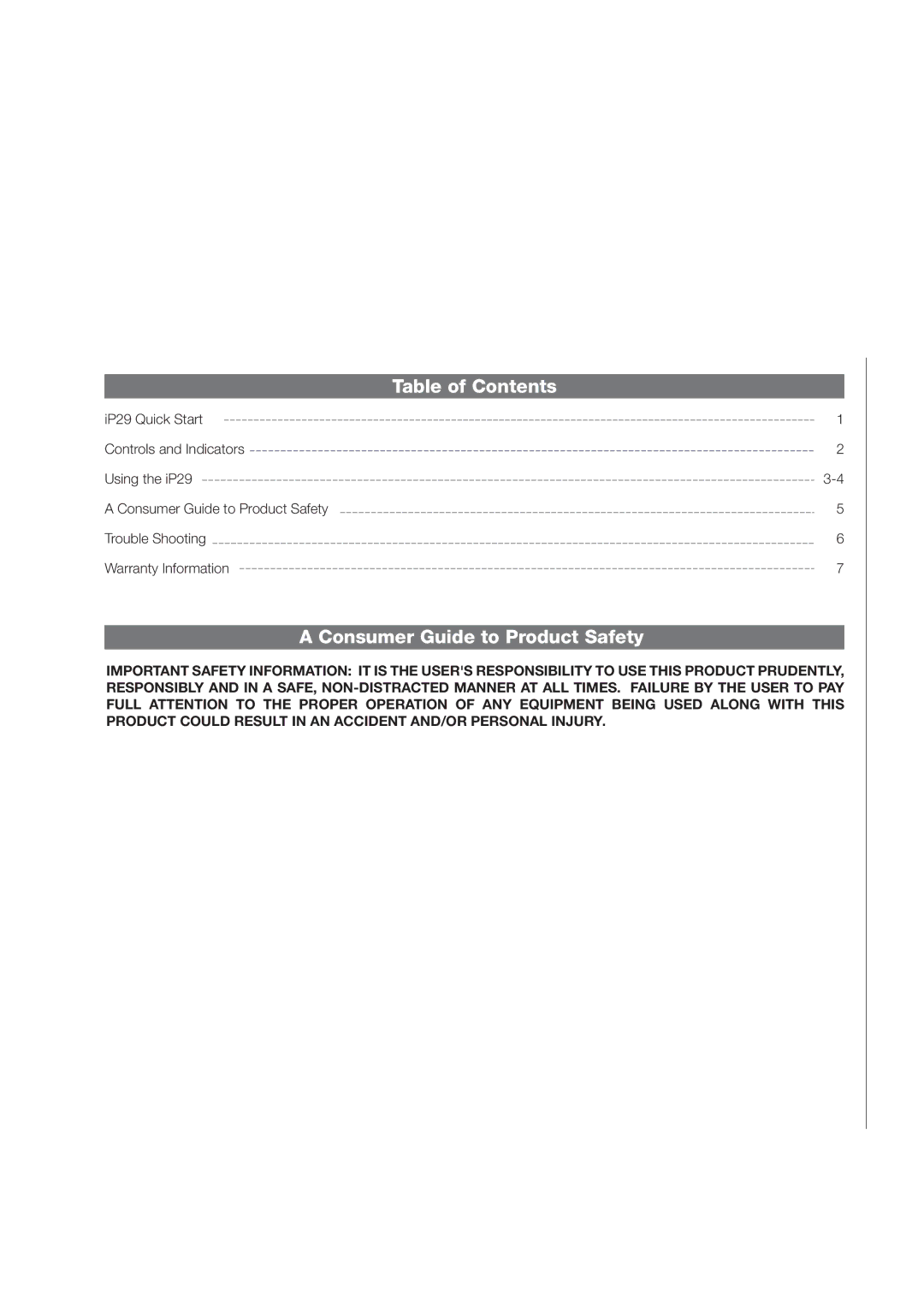 iHome iP29 manual Table ofContents, Consumer Guide to Product Safety 