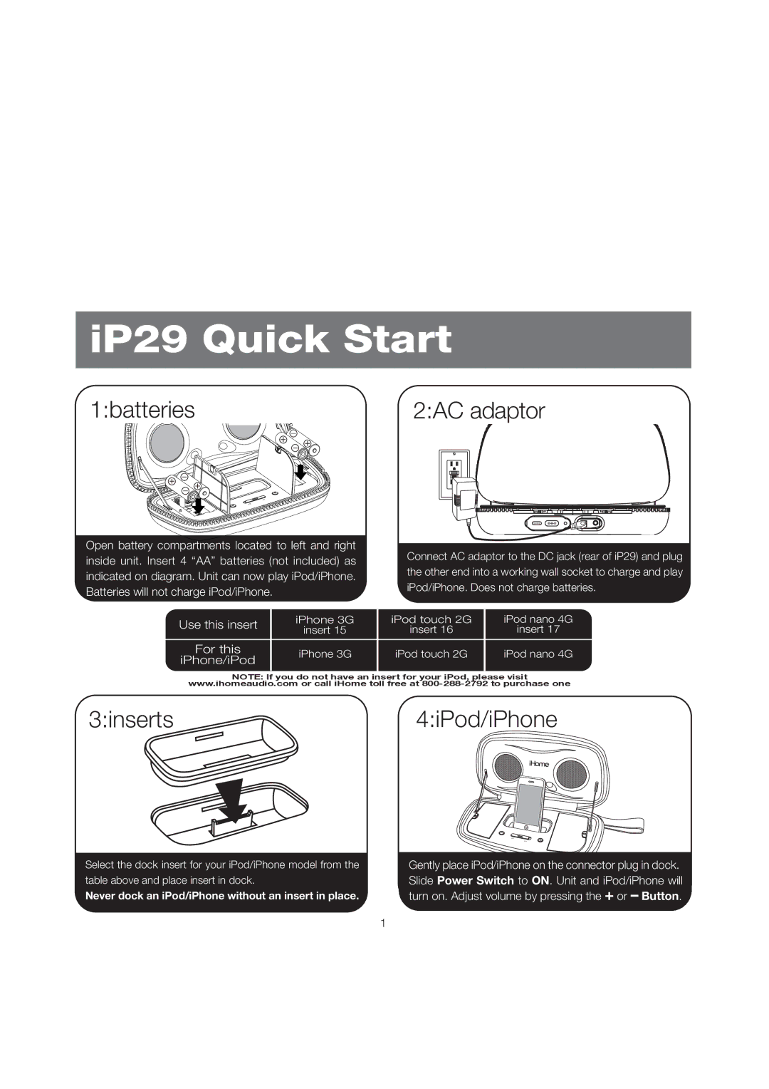 iHome iP29 manual IP29 Quick Start 