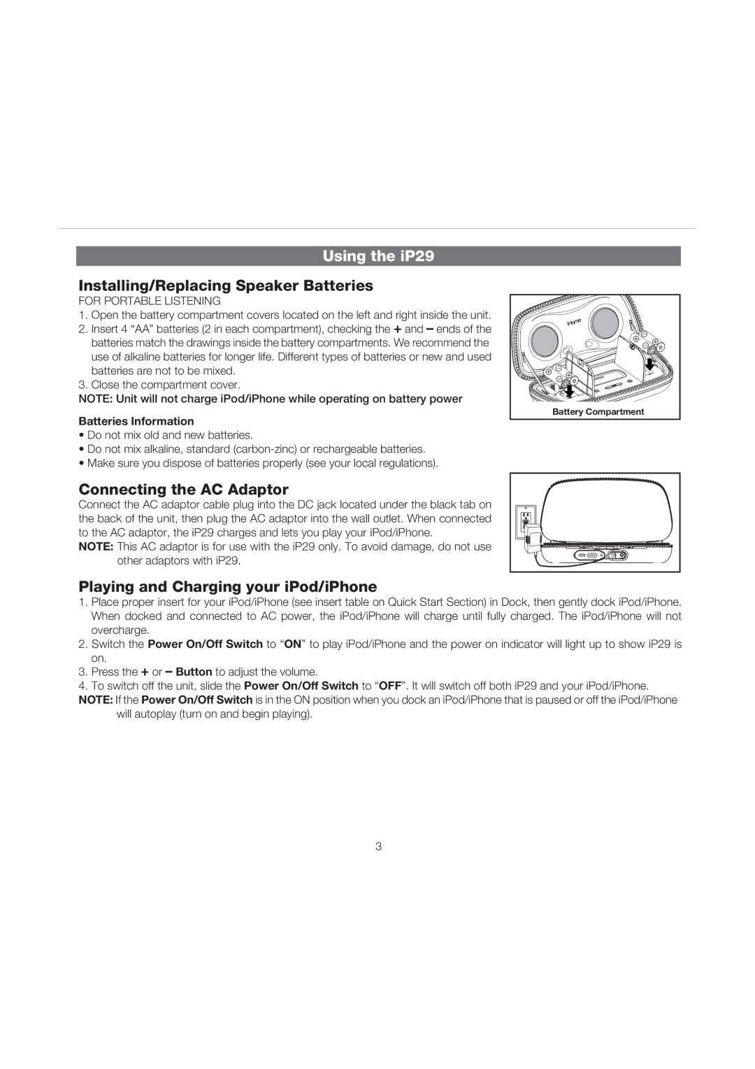 iHome manual Using the iP29, Installing/Replacing Speaker Batteries, Connecting the AC Adaptor, Batteries Information 