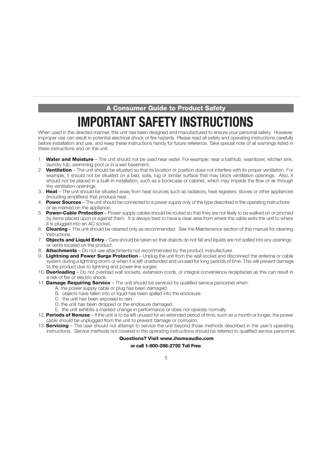 iHome iP29 manual Consumer Guide to Product Safety 