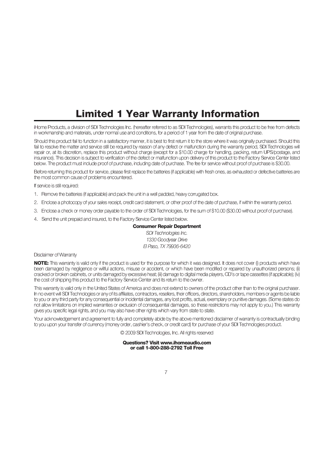 iHome iP37 manual Consumer Repair Department, Or call 1-800-288-2792 Toll Free 