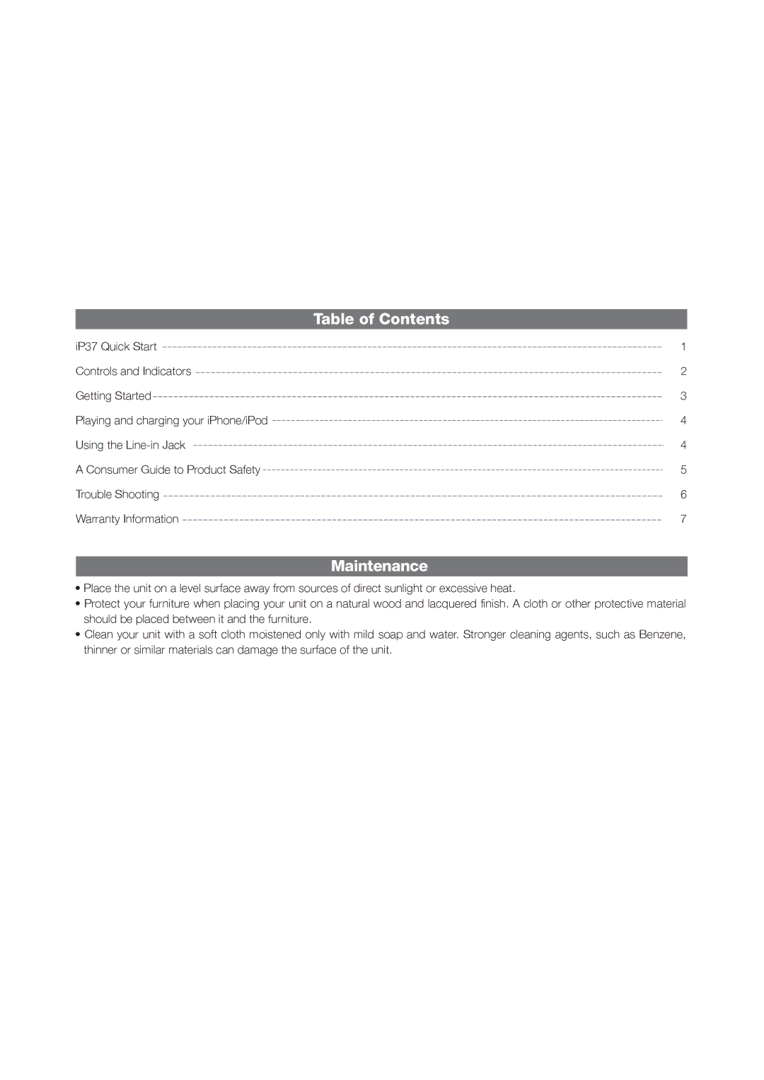 iHome iP37 manual Table of Contents, Maintenance 