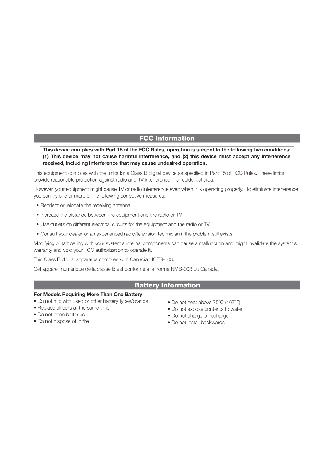 iHome iP37 manual FCC Information, Battery Information, For Models Requiring More Than One Battery 