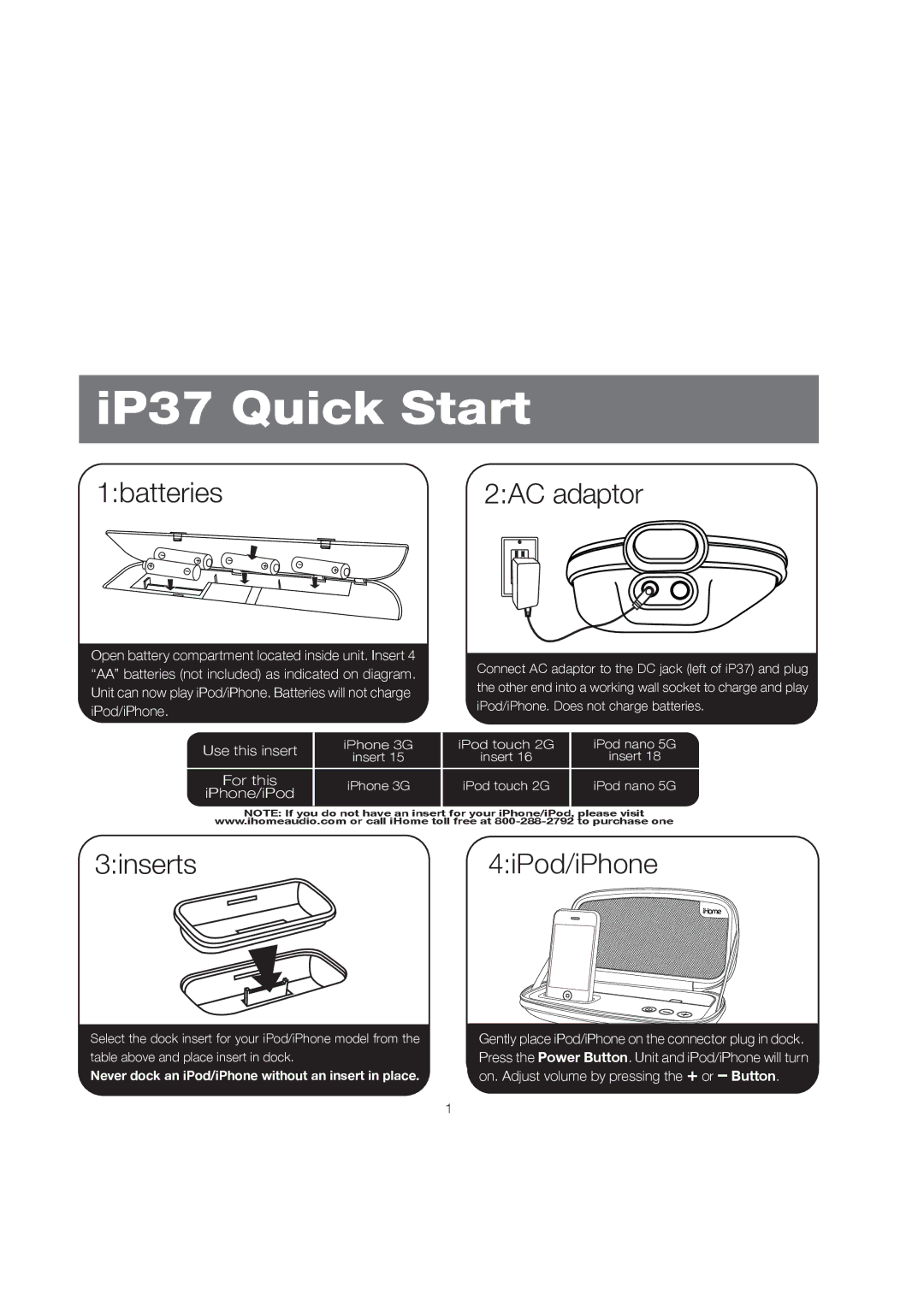 iHome iP37 manual IP37 Quick Start 