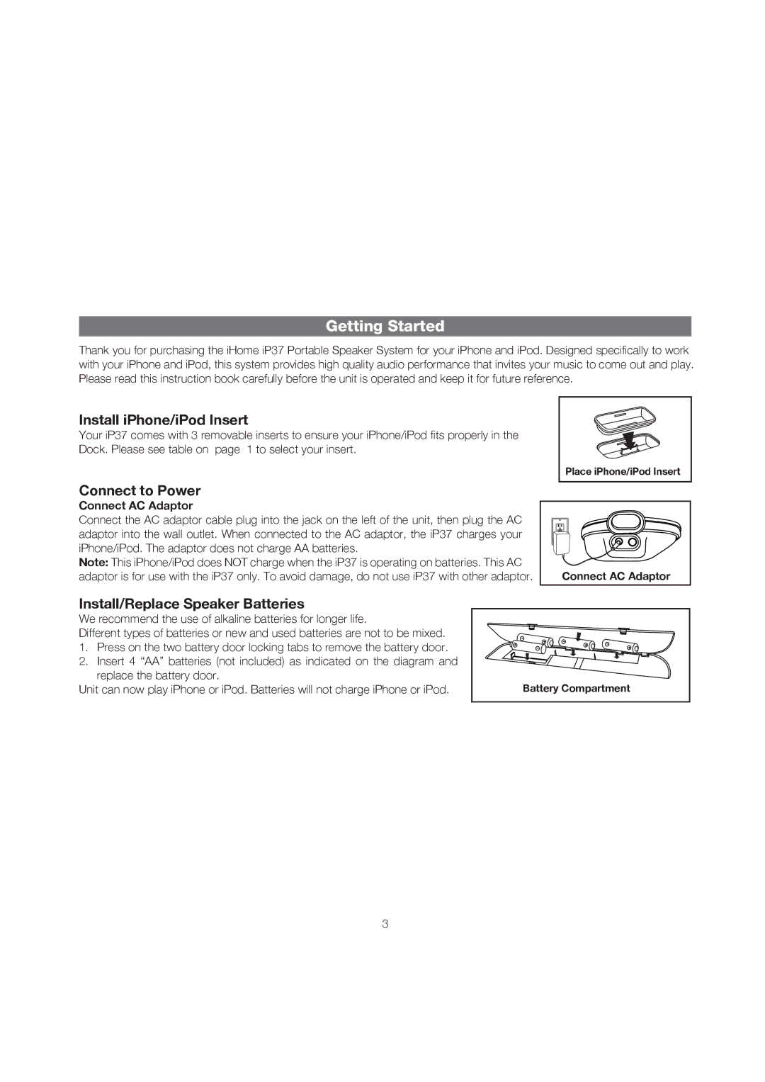 iHome iP37 manual Getting Started, Connect AC Adaptor 