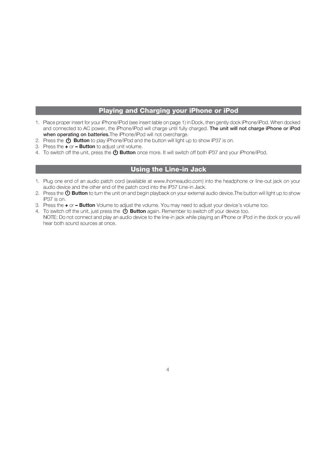 iHome iP37 manual Playing and Charging your iPhone or iPod, Using the Line-in Jack 