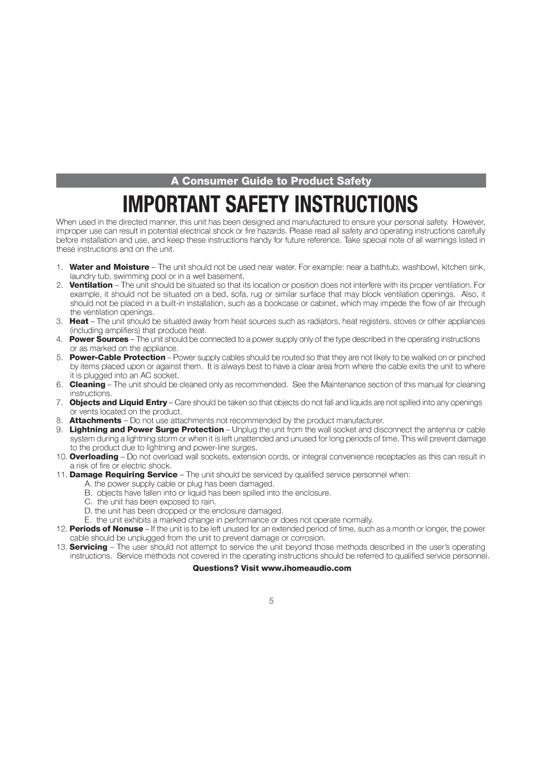 iHome iP37 manual Consumer Guide to Product Safety 