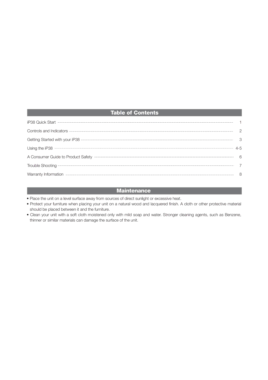 iHome IP38 manual Table of Contents, Maintenance 