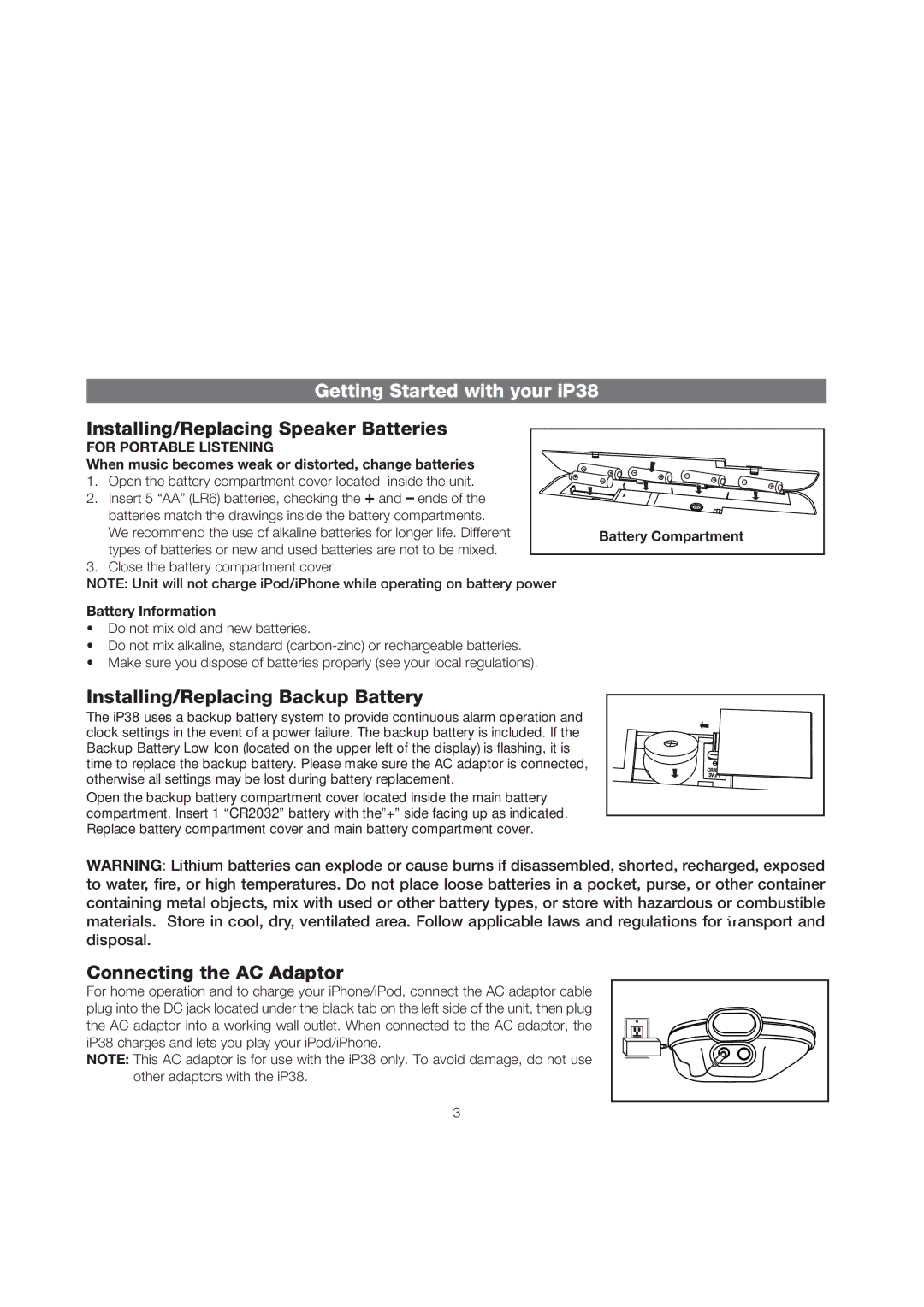 iHome IP38 Getting Started with your iP38, Installing/Replacing Speaker Batteries, Installing/Replacing Backup Battery 