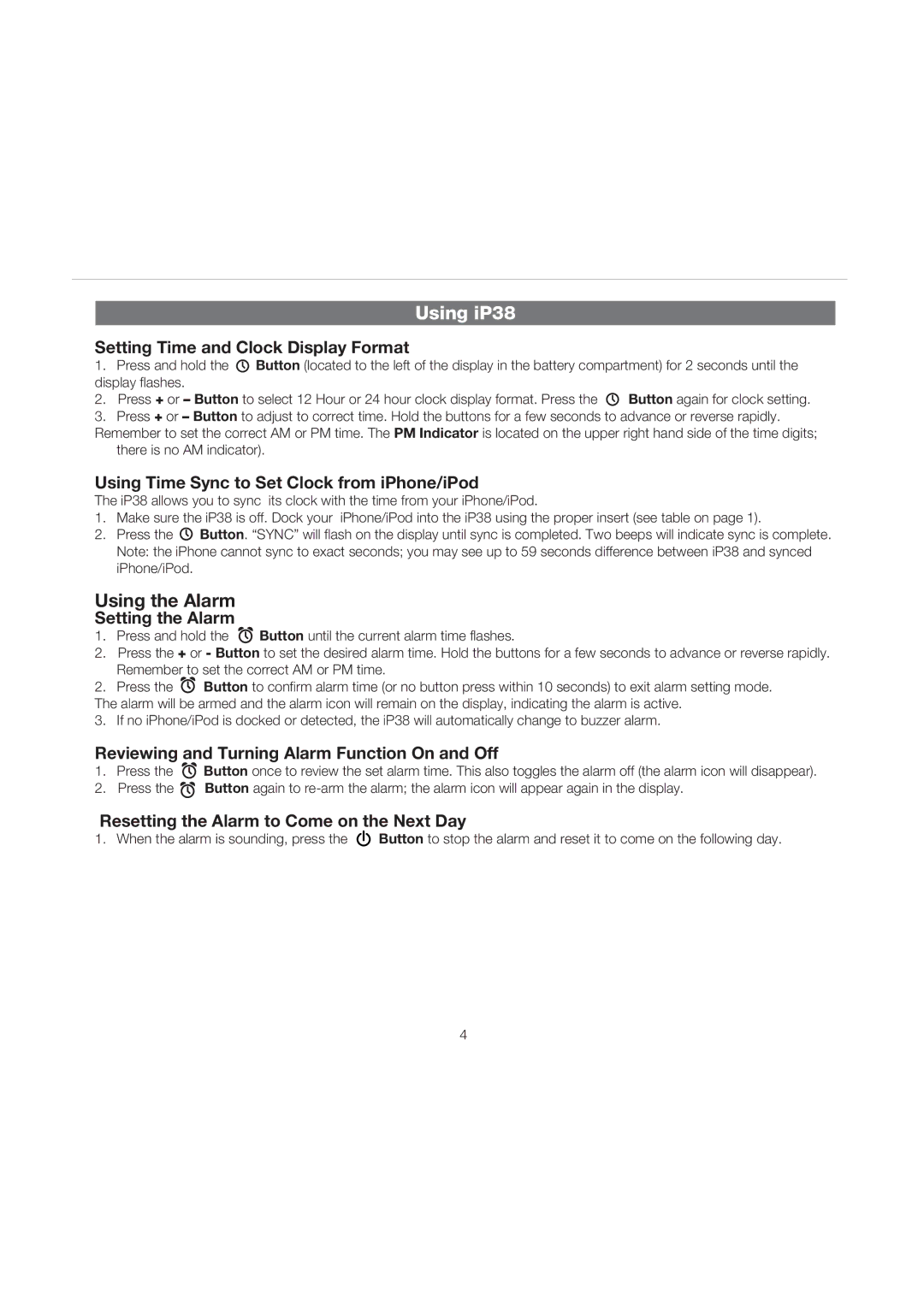 iHome IP38 manual Using iP38, Using the Alarm 