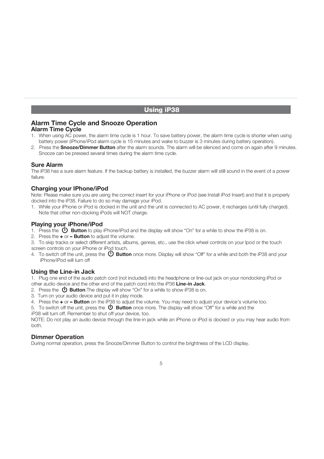 iHome IP38 manual Alarm Time Cycle and Snooze Operation 