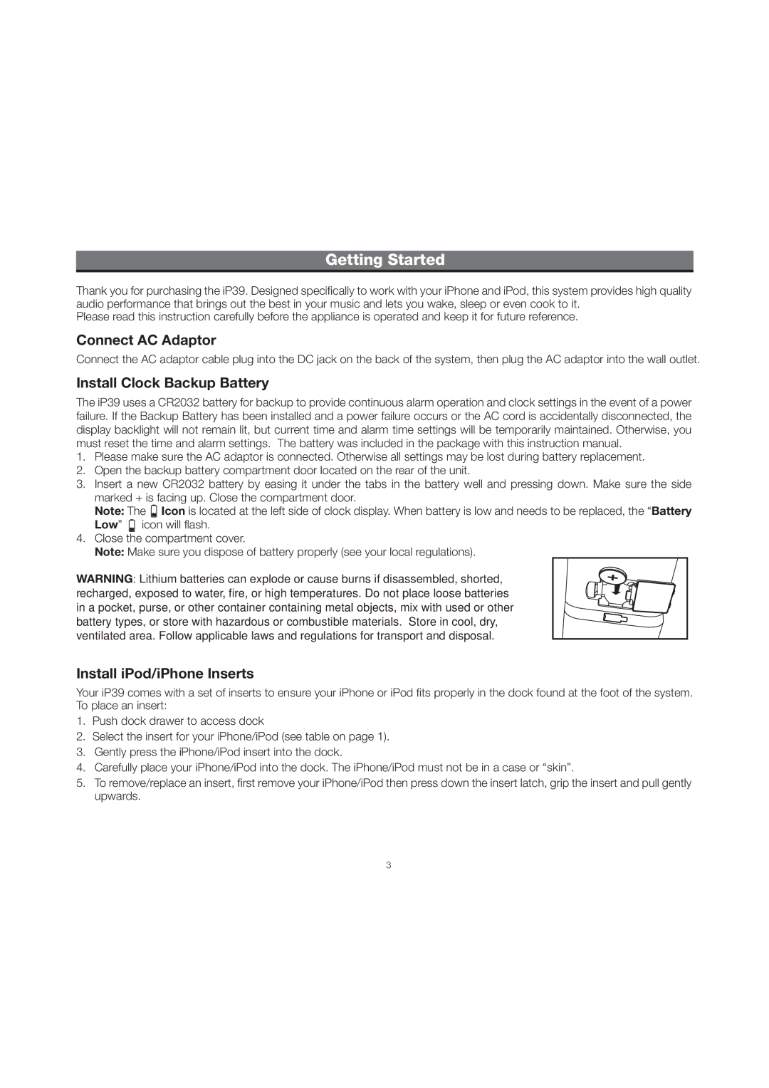 iHome IP39 manual Getting Started, Connect AC Adaptor 