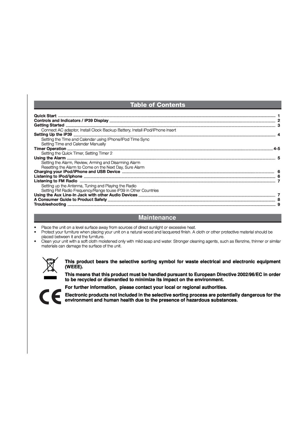 iHome IP39 manual Table of Contents, Maintenance 