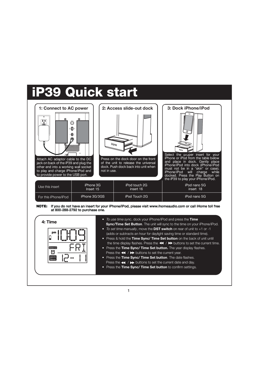 iHome IP39 manual Connect to AC power, Access slide-outdock, Dock iPhone/iPod, Time, iP39 Quick start 