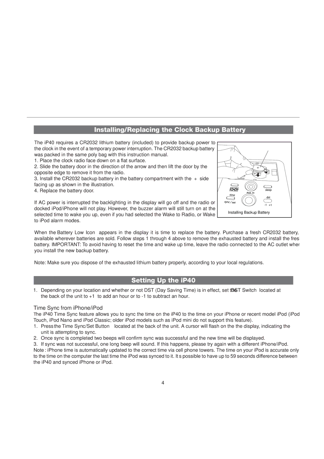 iHome manual Installing/Replacing the Clock Backup Battery, Setting Up the iP40, Time Sync from iPhone/iPod 
